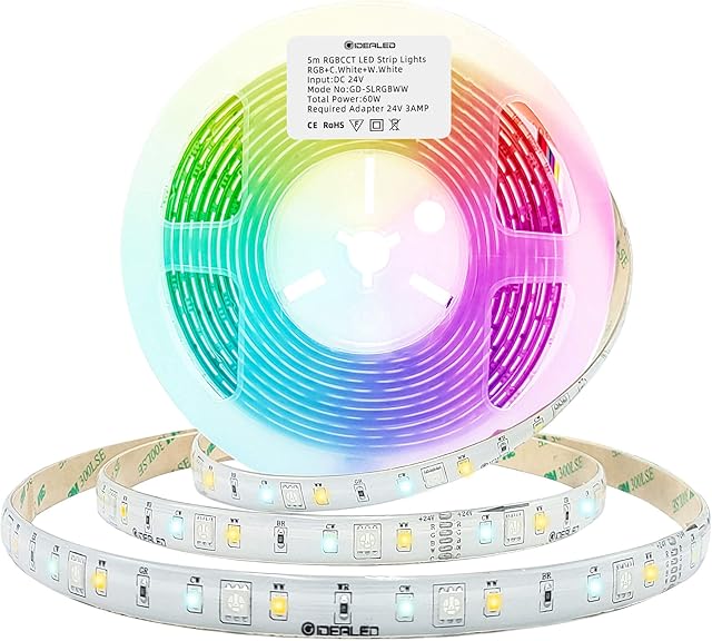 GIDEALED 24V RGBWW LED Strip Lights 16.4ft Dimmable RGB Cool White Warm White(2700K-6000K)Full Color Daylight 6 Wire RGBCCT Lightstrip Plus for Bedroom Decoration Ambiance Llingting,Only 5m LED Strips