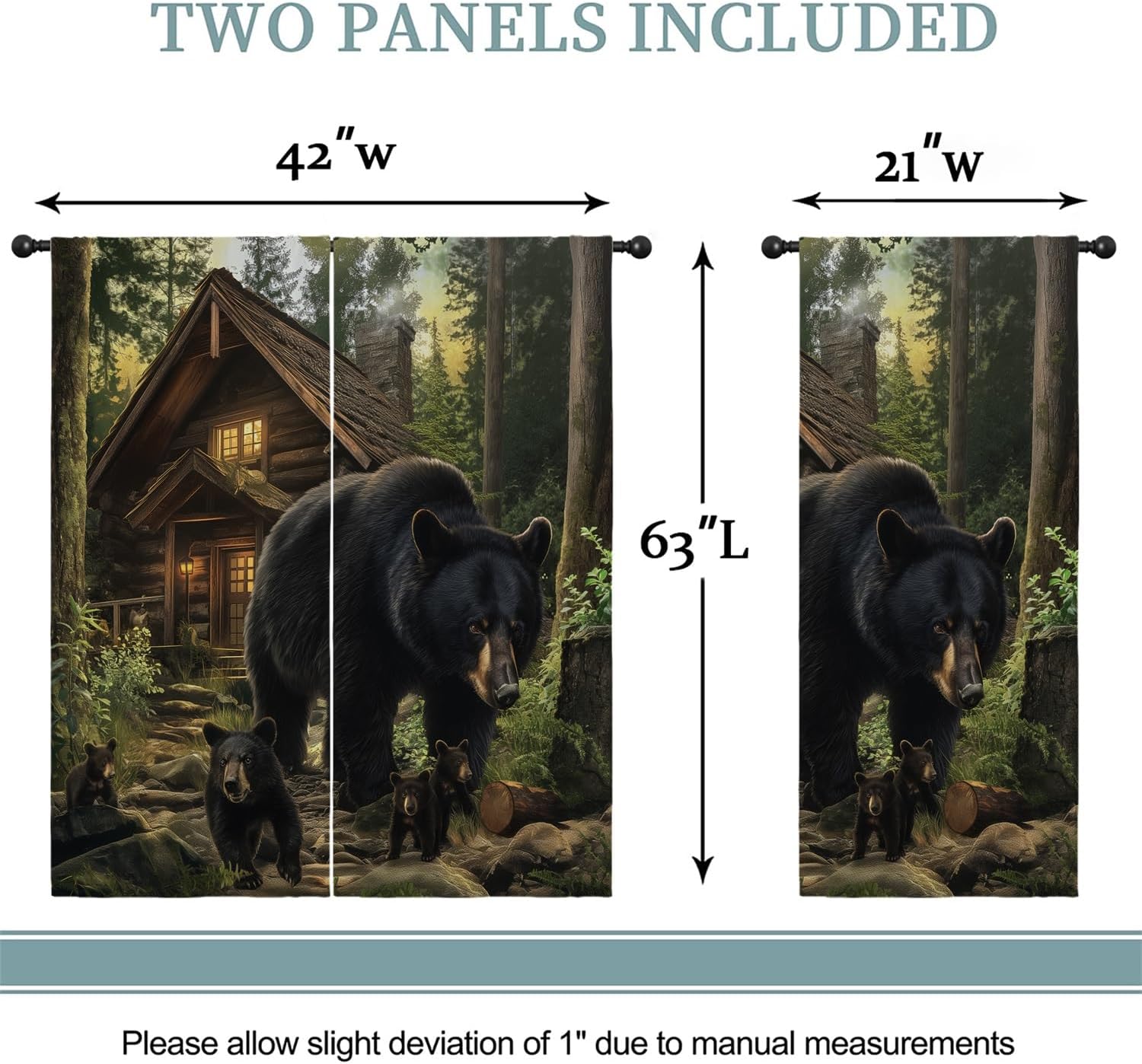 Black Bear Boy Girls Blackout Curtains,Funny Rustic Cabin Forest Wildlife Animal Woodland, 2 Panel Rod Pocket Thermal Insulated Drapes for Bedroom, Living, Kids Teen Room Deco 42x63 inch