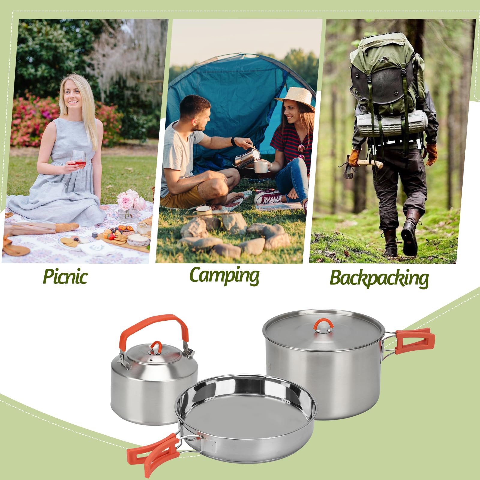 Juego de utensilios de cocina de acero inoxidable 304 para camping, sartén, olla y hervidor de agua con mango plegable, ligero, hervido rápido, apto para interiores y exteriores, para pesca