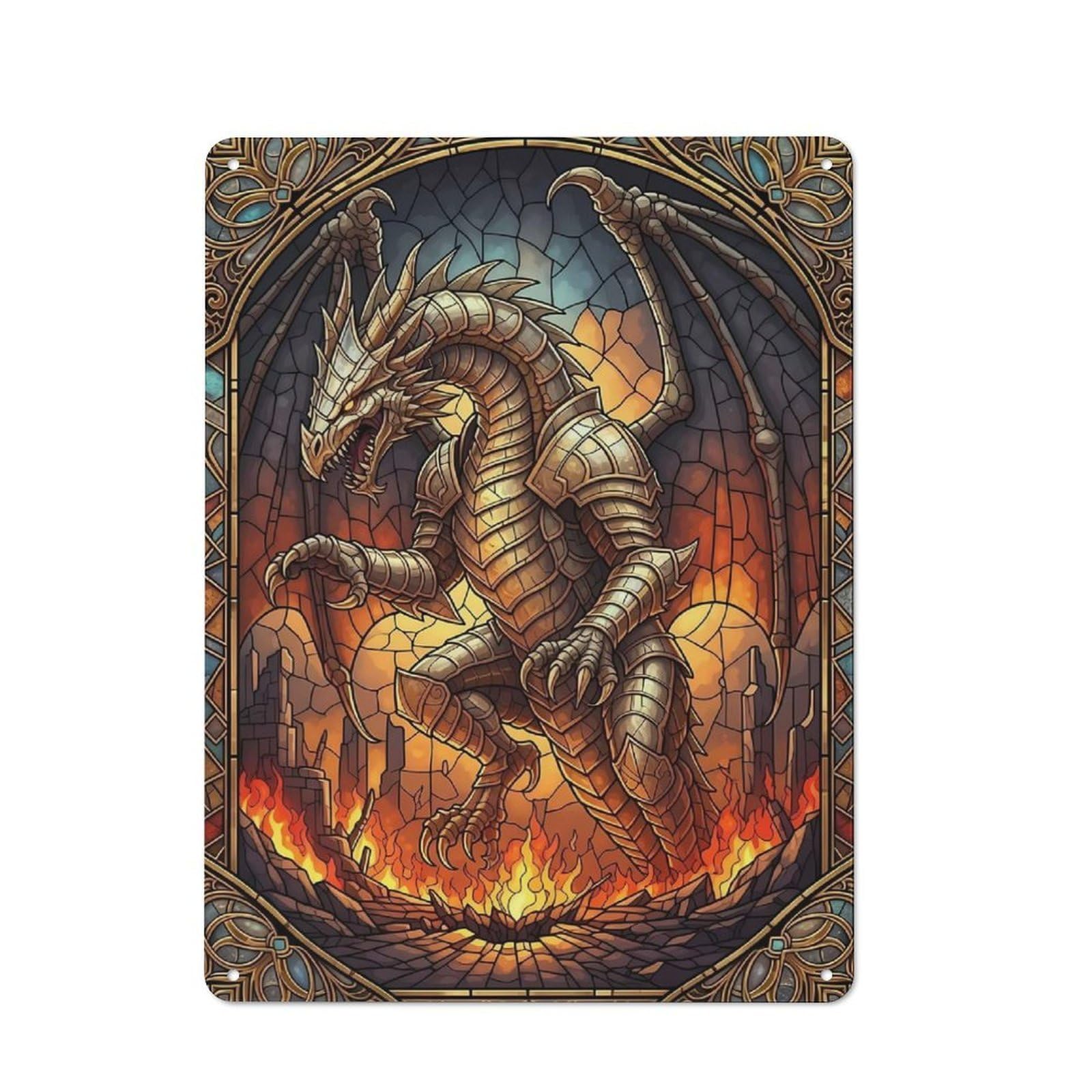 Cosy Armored Dragon Stained Glass Illustration Metal Plaque 40x30cm, Kitchen Wall Decor for Kitchen, Cafe, Pantry Or Dining Room
