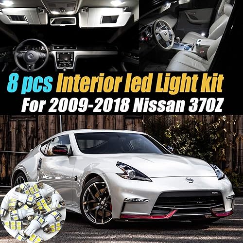 Paquete de 8 bombillas LED para interior de automóvil, color blanco superblanco, 6000 K, compatible con Nissan 370Z 2009-2018