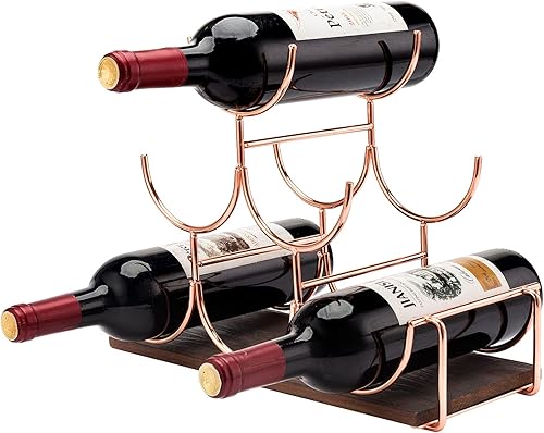 Miniatura 4 de MyGift Estante de vino de oro rosa, 6 botellas, moderno, de mesa, de alambre de metal, apilado, soporte para vino con base de madera quemada
