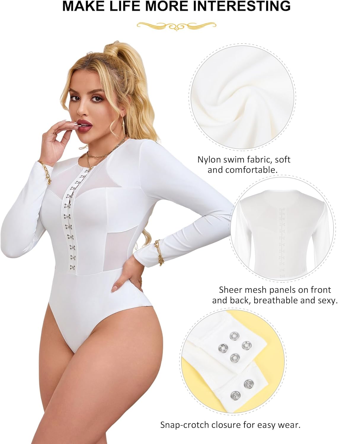 ohyeah Long Sleeve Plus Size Lace Bodysuit Black Crew Neck Basic Bodysuit Top Deep V Sexy Leotard Clubwear Outfits - Image 5