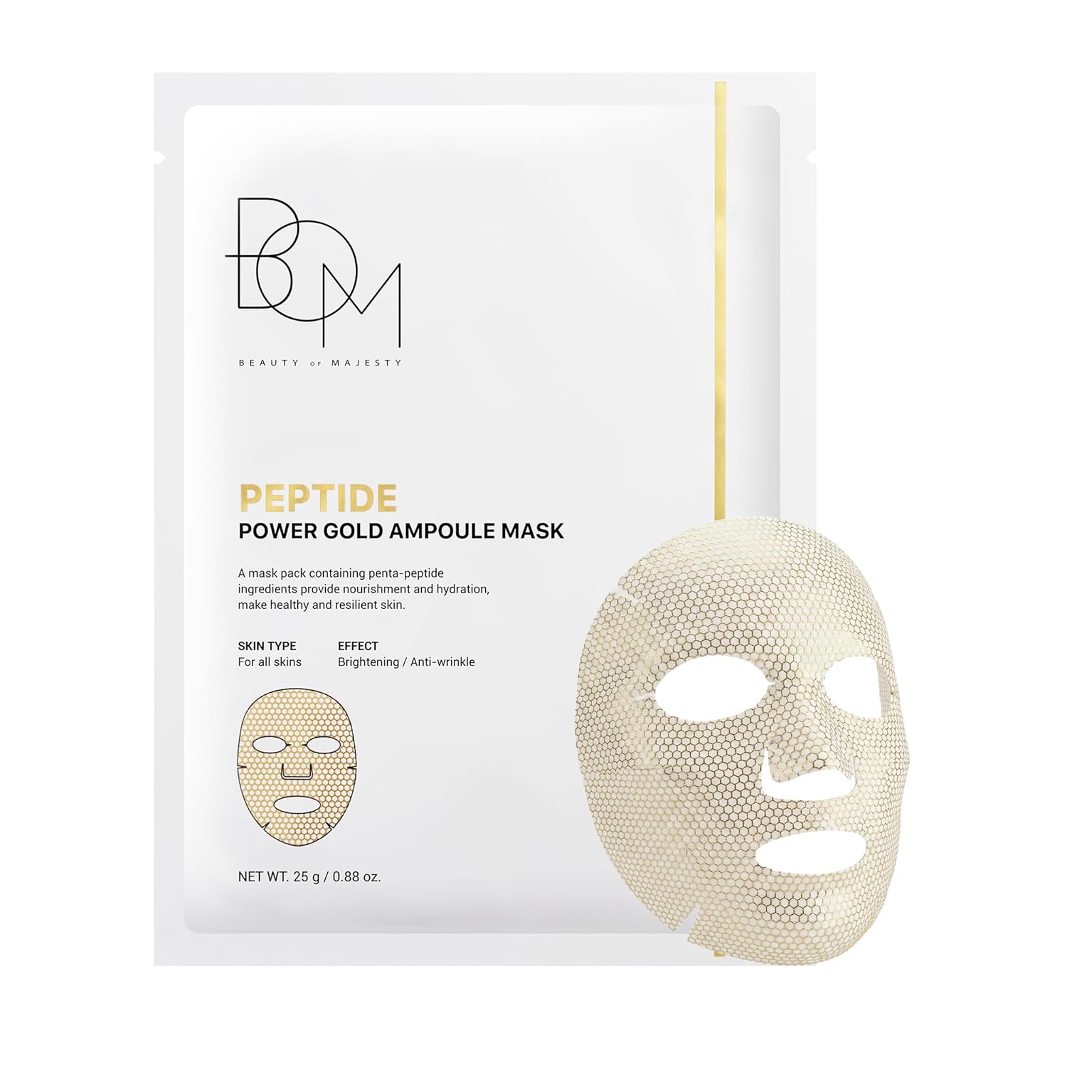 BOM COSMETICS Power Gold Ampoule Mask 0.88 oz, Peptide & Gold Sheet Mask for Hydration, Nourishment, Glow Skin – High-Concentration Ampoule Essence, Moisturizer Collagen Facial Sheet, Korean Skin Care