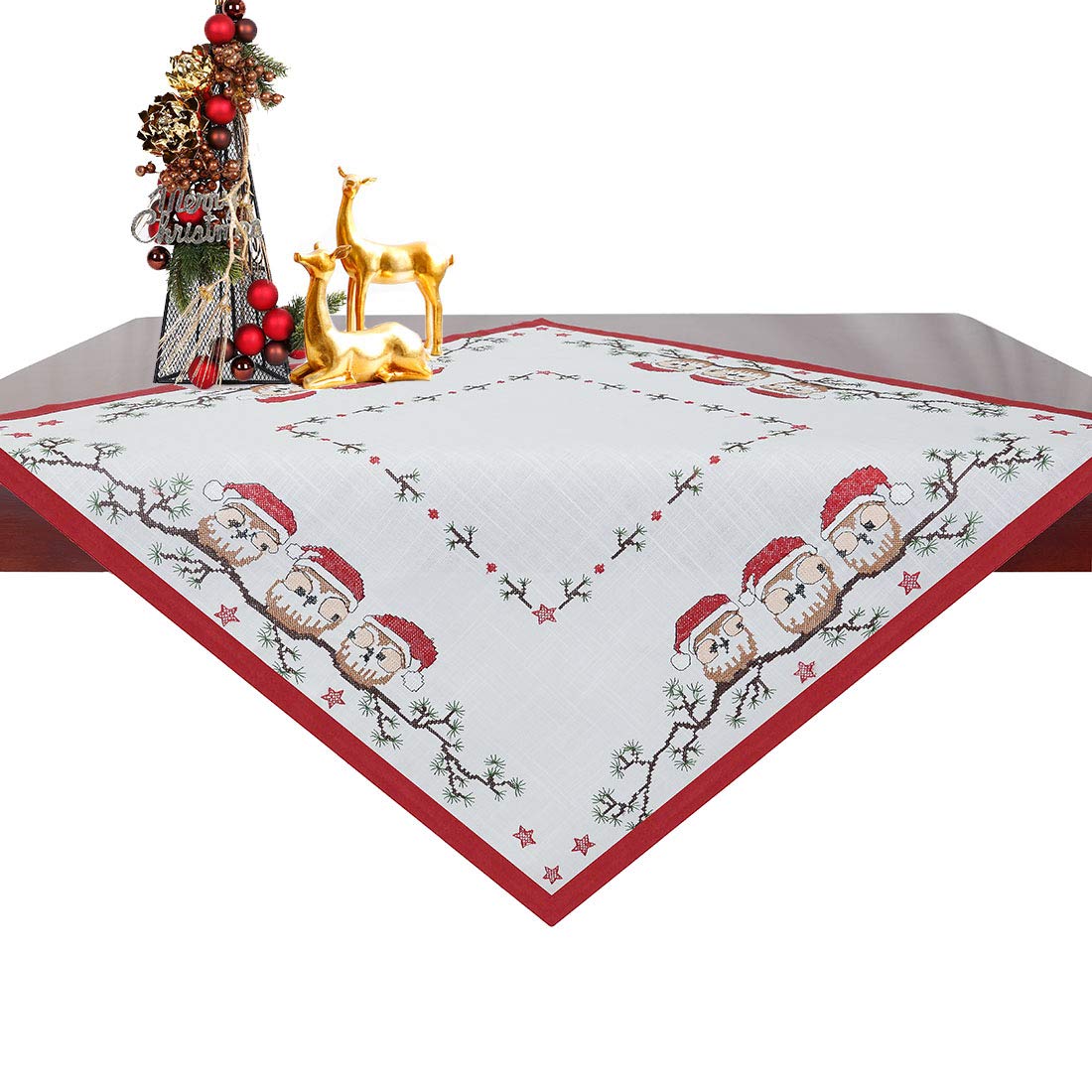 Simhomsen Christmas Holiday Square Tablecloth, Owl Table Toppers, Tablecovers for End Table, Tea Table, Coffee Table and Nightstand (33 × 33 Inch)