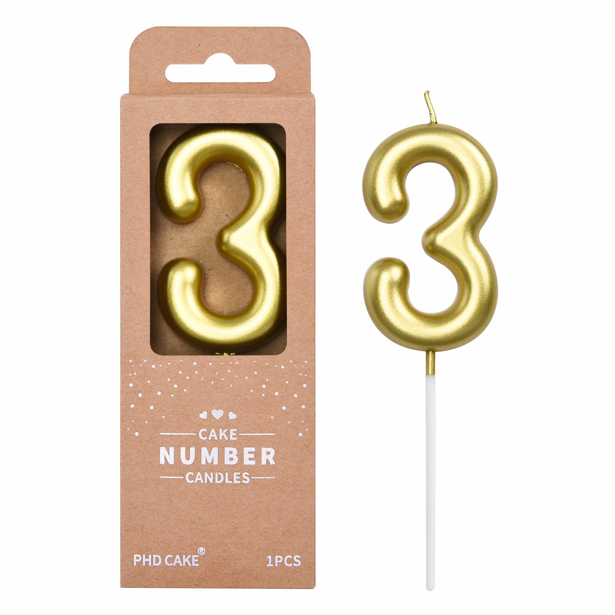 PHD CAKE 2.76 inch Classical Gold 3 Number Birthday Candles, Gold Number Candles, Cake Number Candles, Party Celebration