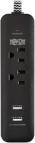 Miniatura 10 de Tripp Lite Protector contra sobretensiones de 1 salida con 2 puertos USB (2.1A compartidos) - Cable de 4 pies, Enchufe 5-15P, 450 Julios, Negro
