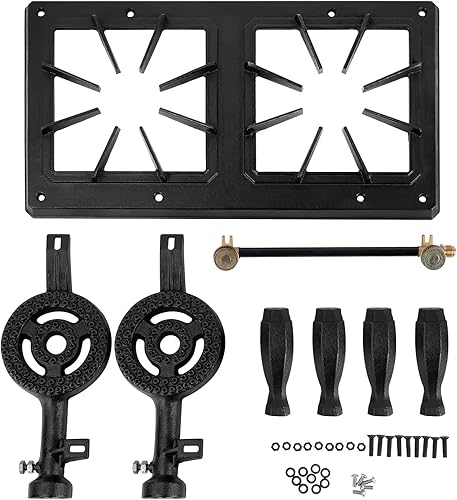 Miniatura 4 de onlyfire Estufa de camping de hierro fundido Estufa de 2 quemadores Cocina de gas propano para acampar al aire libre, parrilla de barbacoa, portón