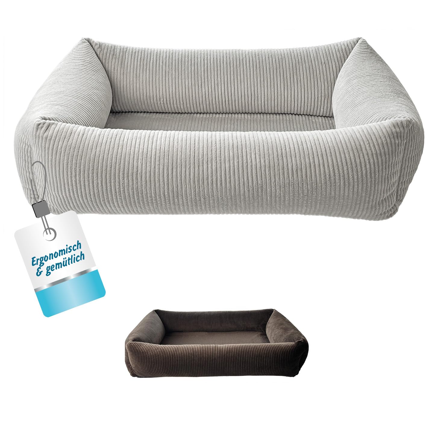 Petlando orthopädisches Hundebett, ergonomisches Hundesofa, Stabiler Rand, rutschfest, weicher Cord Bezug waschbar bei 60°C, Dog Bed LikeOrtho Luke Grau, S für kleine Hunde L 80 x B 60 x H 25 cm