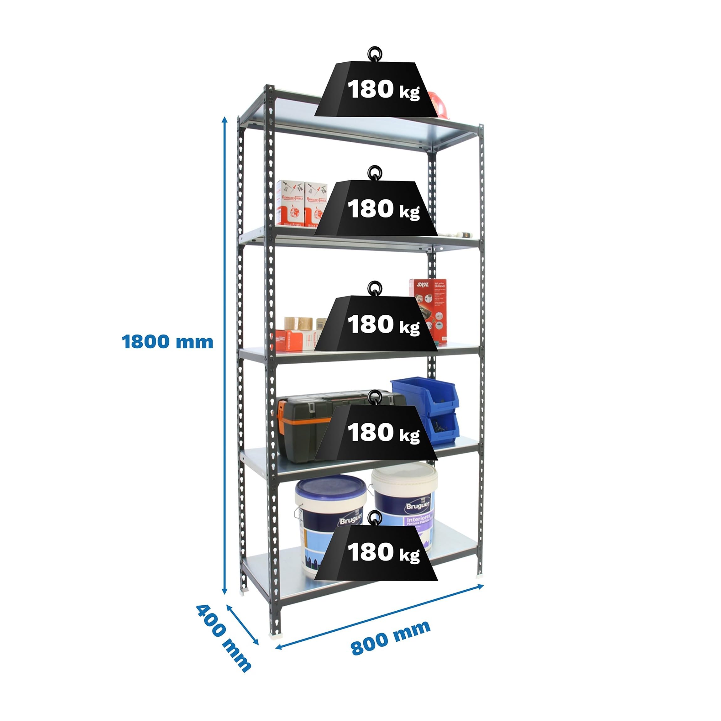 Simon Rack Regał metalowy 1800x800x400 mm, 5 półek, nośność 180 kg na półkę, regał magazynowy i garażowy, stabilna konstrukcja, kolor Antrakit/Ocynkowany – Simon Classic