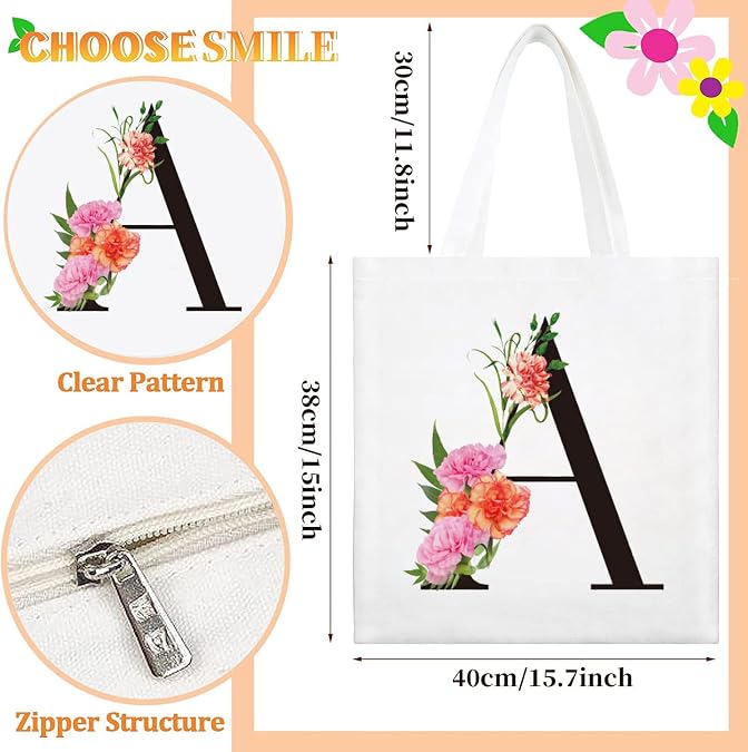 Letter Initial Canvas Tote Bag Personalized Present Bag Gift for Mother's Day Bridesmaids Bride Birthday Wedding