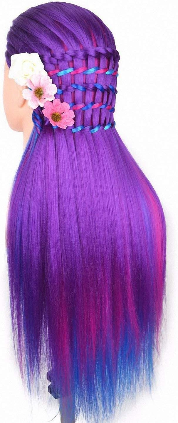 24" Cosmetology Mannequin Head 100% Synthetic Hair Rainbow Color, Practice Training Hair Styling Mannequin Head (Purple Series)