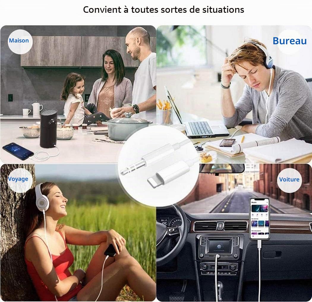 Cordon auxiliaire iPhone voiture adaptateur Lightning vers prise casque 3,5 mm compatible iPhone 14 13 12 11 XS XR X 8 7