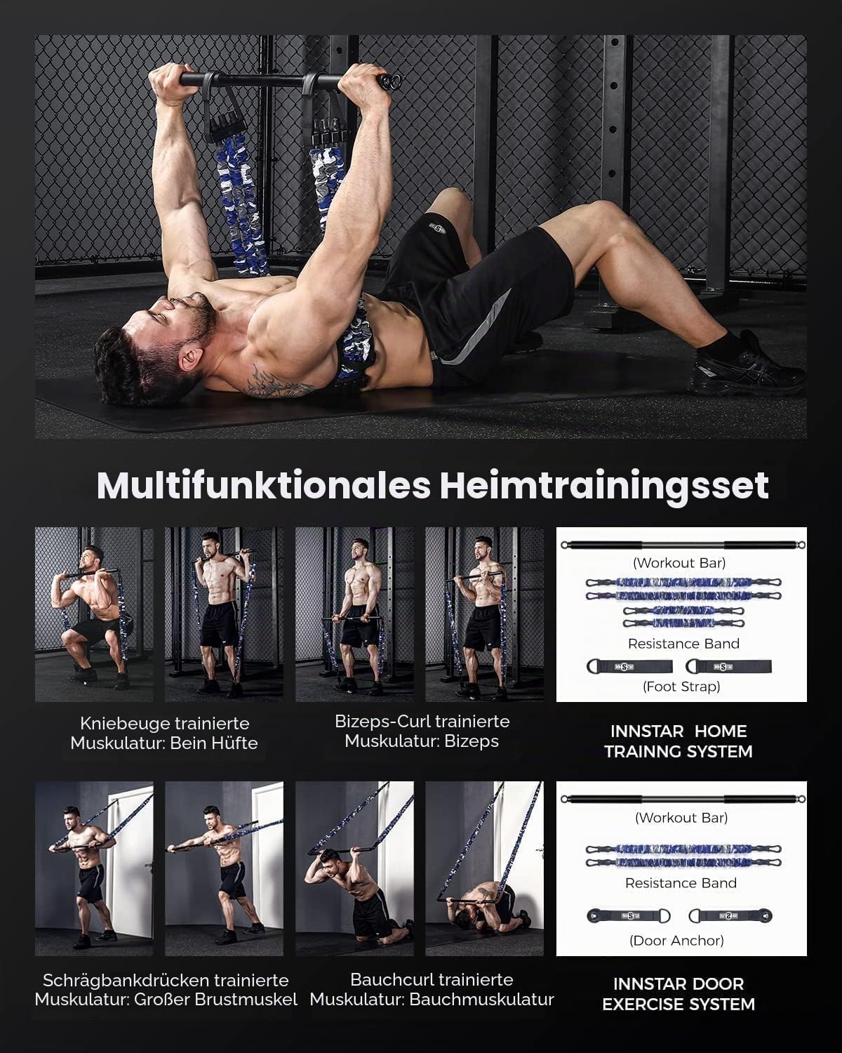 INNSTAR Portable Home Gym, Verstellbares Widerstandsband mit Stange und Kniebeugen-Bändern für Heimtraining, Bankdrücken Brusttrainer Resistance Band Set für Brust, Arm, Beintraining