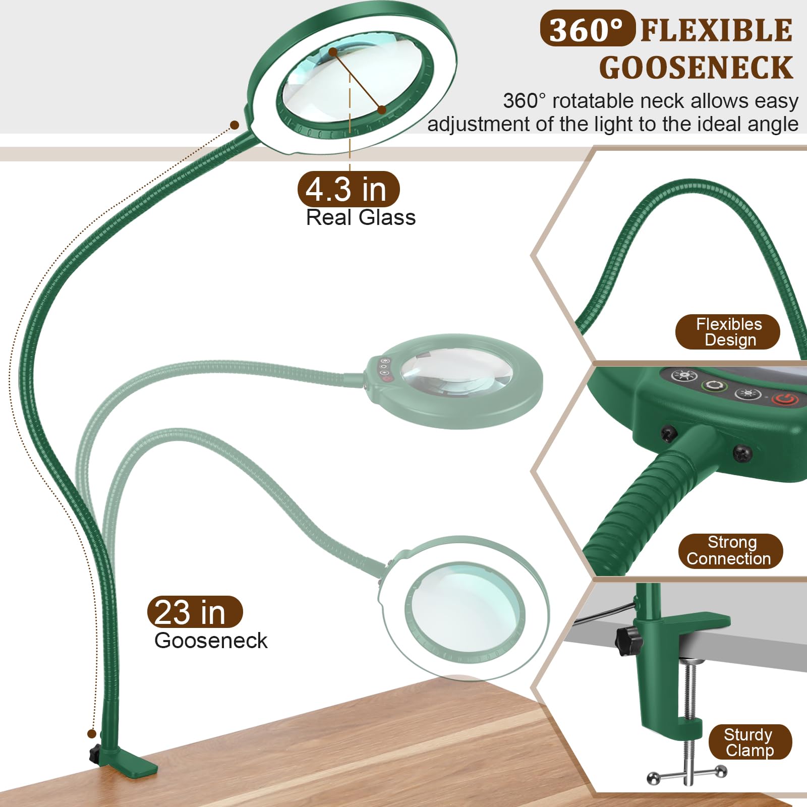 Veemagni Lente d'ingrandimento 10X con luce, 5 modalità di colore, dimmerabile continuamente, lampada da scrivania a LED a collo d'oca flessibile da 58,4 cm con morsetto, lente d'ingrandimento
