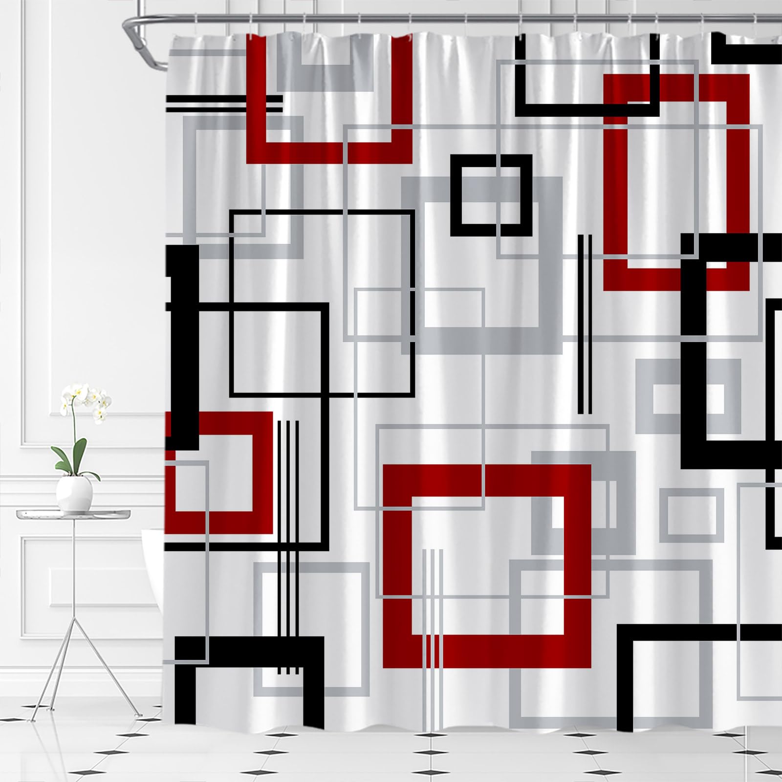KTGHA Modern Geometric Shower Curtain Red Black Gray White Abstract Geometric Boho Aesthetic Minimalist Farmhouse Fashion Polyester Fabric Bathroom