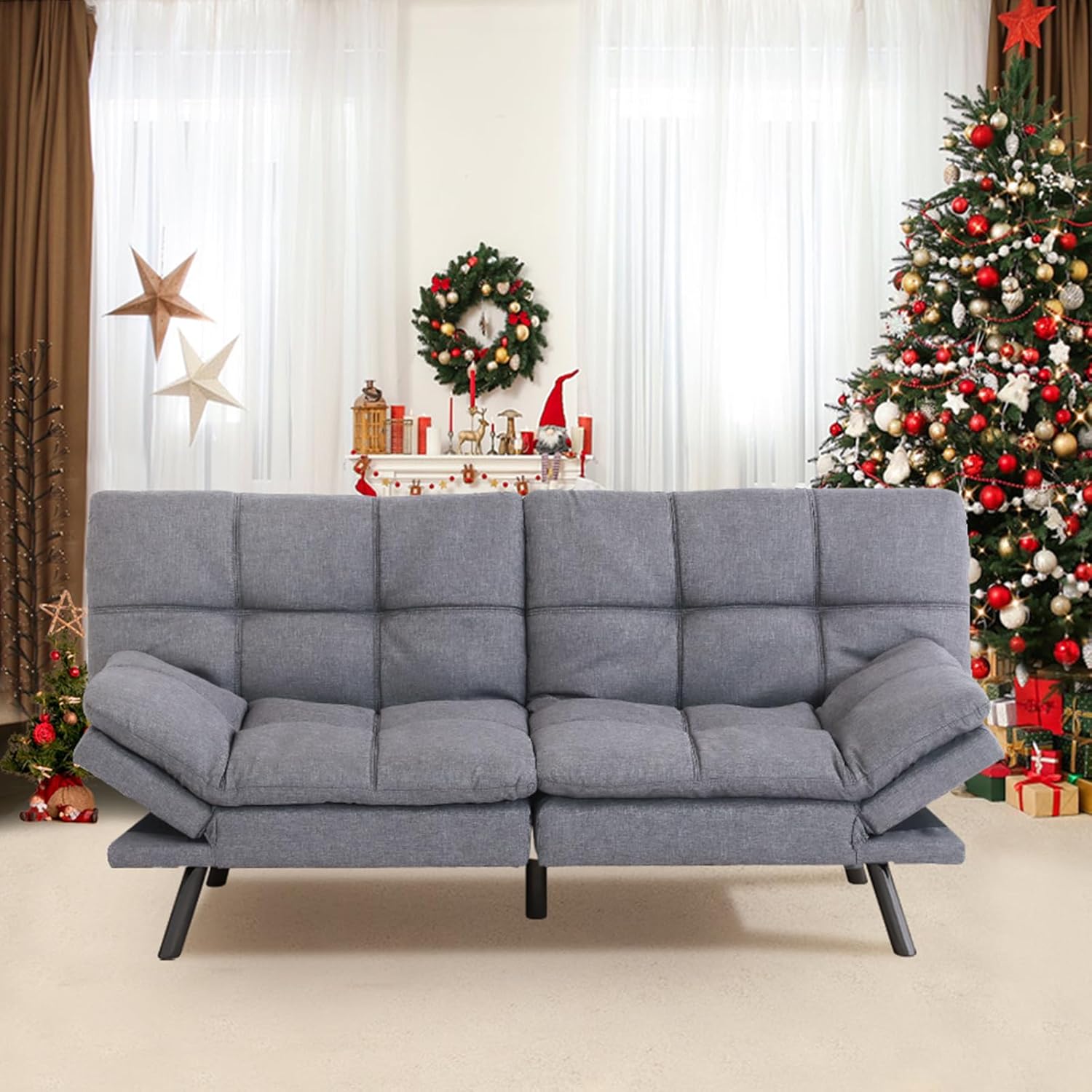 Hcore Convertible Futon Sofa Bed,Gray Fabric Memory Foam Loveseat,Small Euro Lounger Sofa for Compact Living Spaces,Apartment,Dorm,Studio,Guest Room,Home Office/Cushion,Grey Fabric