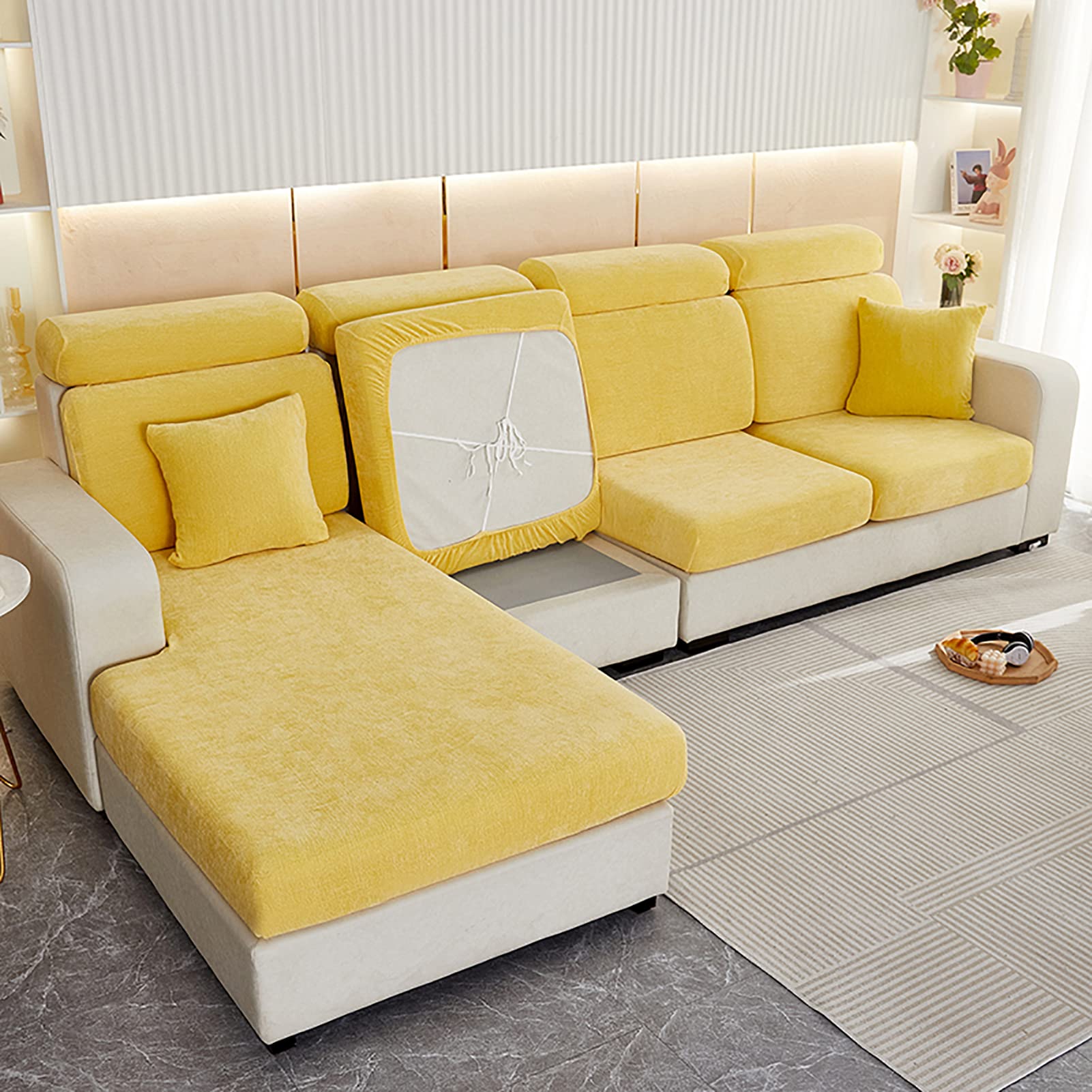GEBIN Sofa Cushion Covers, High Stretch Chenille Sofa Seat Slipcovers, Couch Cushion Cover Replacement Fitted Washable Sofa Cushion Covers Furniture Protector Cover (Yellow,Large 2-seater)