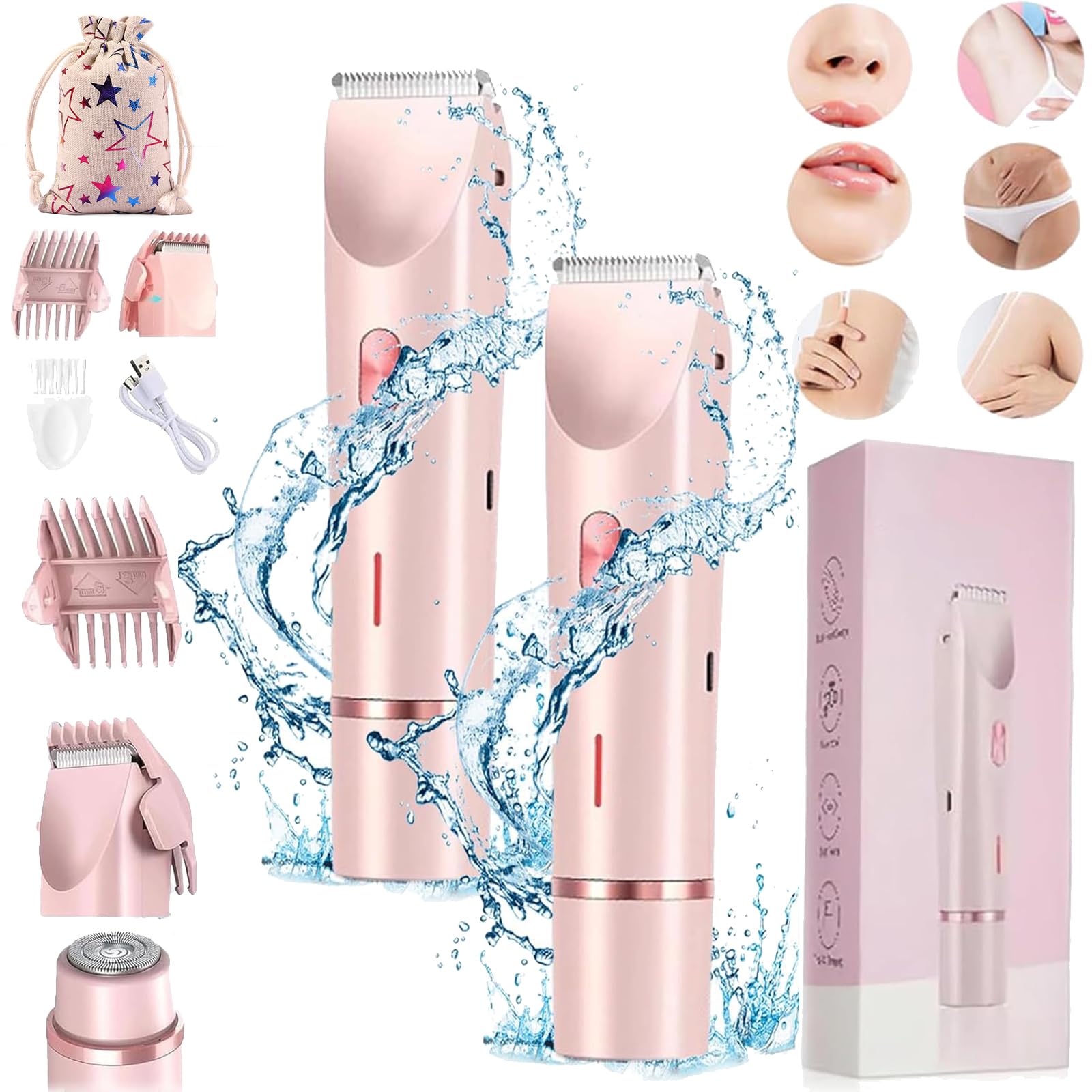 Glow Aura - Rasoio elettrico da donna, per la rasatura dei capelli, impermeabile, per donne bagnate e asciutte, per gambe, braccia, ascelle (2 pezzi)