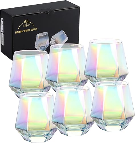 DIEWEISIMI Juego de 6 copas de vino 11 onzas copas de vino sin tallo para vino tinto y blanco cristalería iridiscente en forma de diamante para