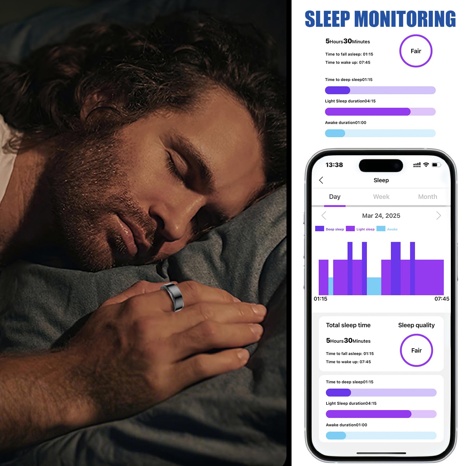 Smart Ring Health Tracker for Women/Men,Health Tracker Ring with Heart Rate,Blood Oxygen,Sleep Tracker,Step Tracker,IP68 Waterproof for iOS/Android(Gold,7)