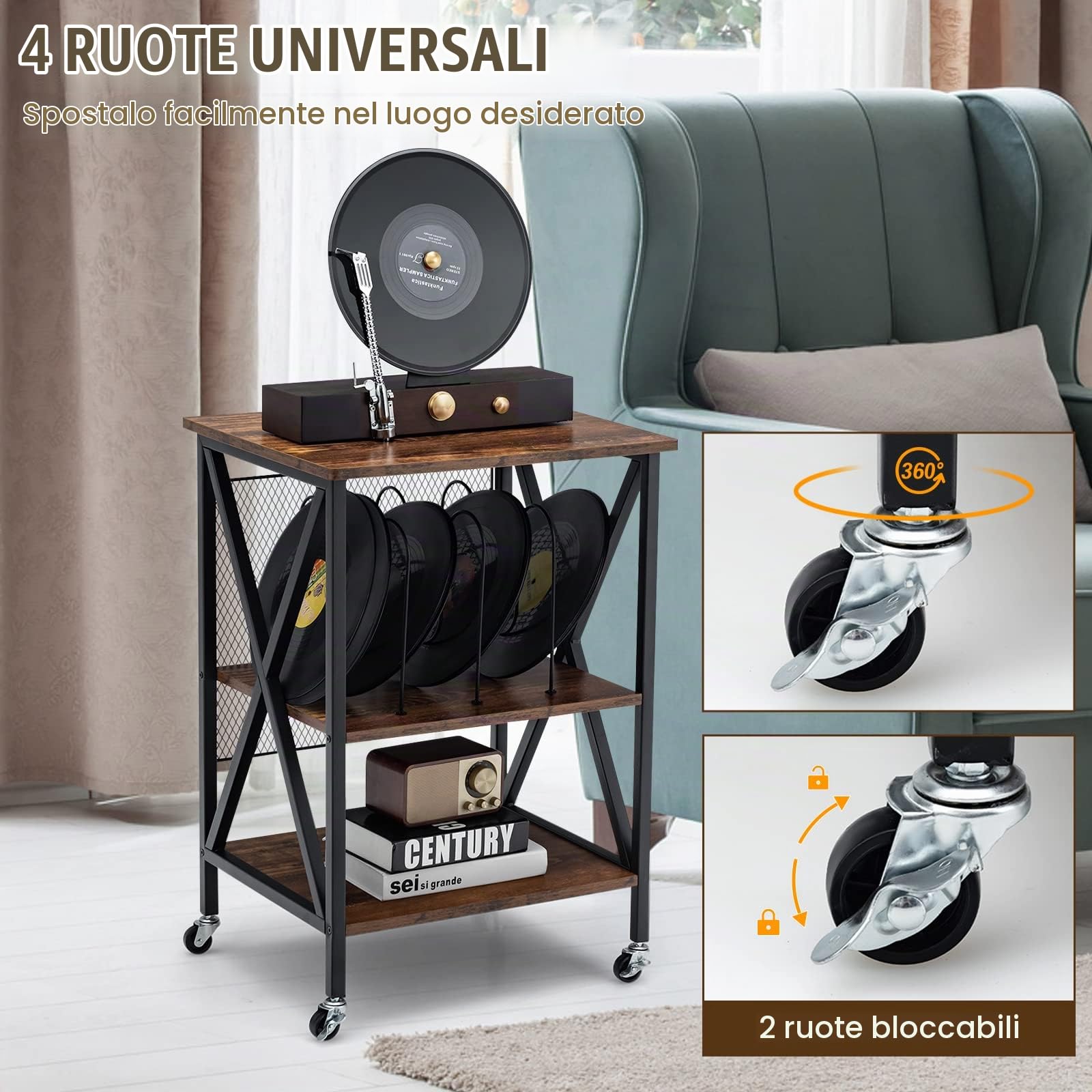 GIANTEX Mobiletto per Dischi con 3 Ripiani, Carrello in Ferro con 4 Ruote Rimovibili, Scaffale per CD e Libri, 52x45x75 cm