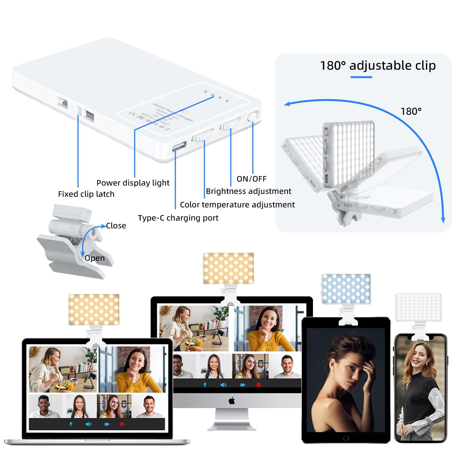 ANAUTIN Selfie Light – Portable Clip-On Fill Light for Photography & Night Video Calling, 60 LED, 3 Modes, 2500K-9000K Adjustable, USB-C Rechargeable, Perfect for Zoom, Vlogging, Makeup & TikTok 4