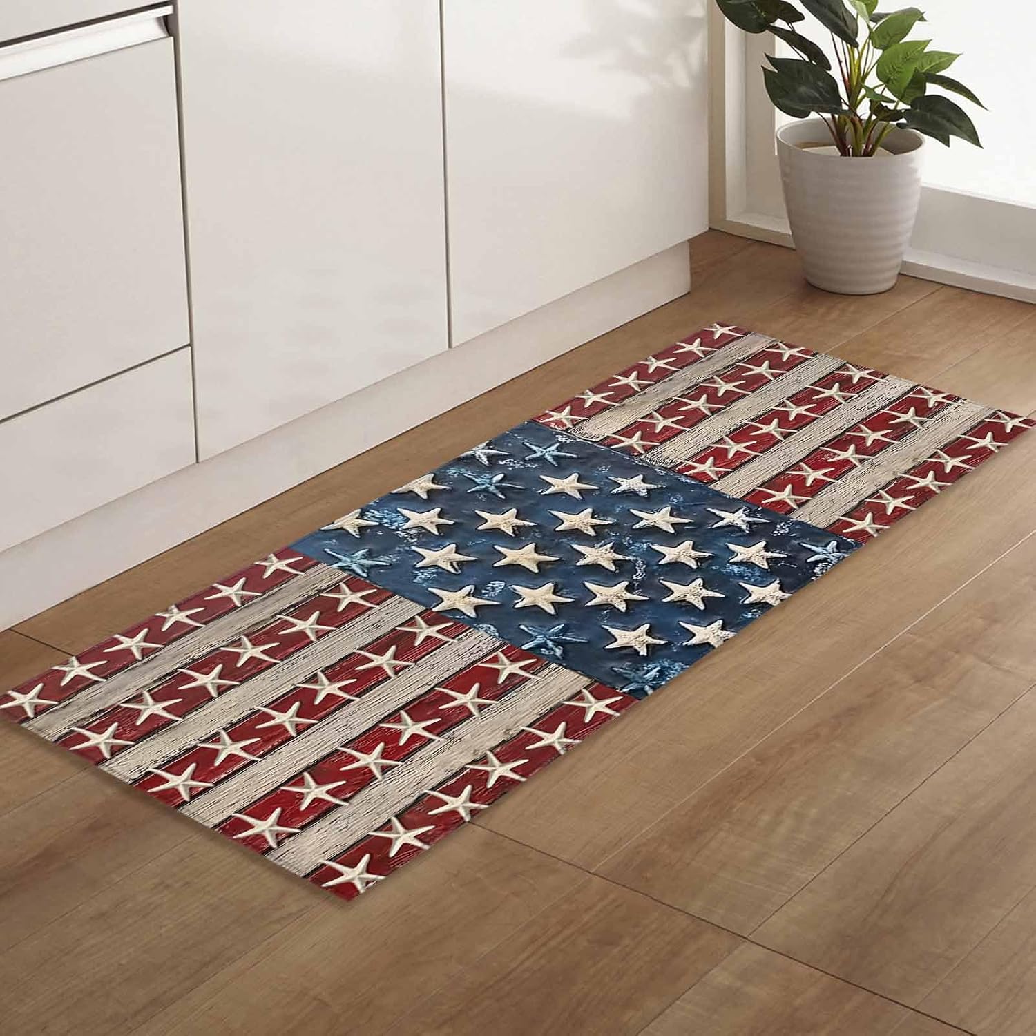 Kitchen Mats for Floor Vintage American Flag Wood Grain Washable Non Slip Kitchen Rugs 1PCS, Ocean Starfish Star and Stripe Absorbent Standing Mats for Sink Bathroom Office Living Room 23.6x70.9in