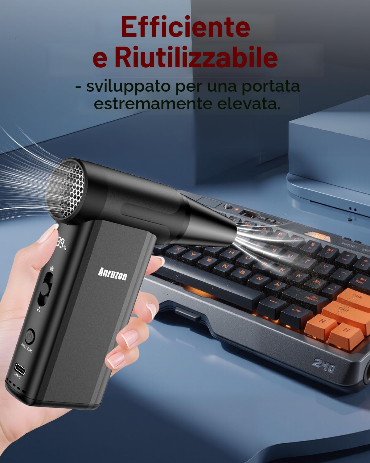 Soffiatore d'Aria Elettrico per Pulizia PC, Spray Aria Compressa 300000 RPM, 8 Velocità, Ricaricabile 7600mAh, Pulizia Tastiera, Elettronica, Interni Auto, Divano