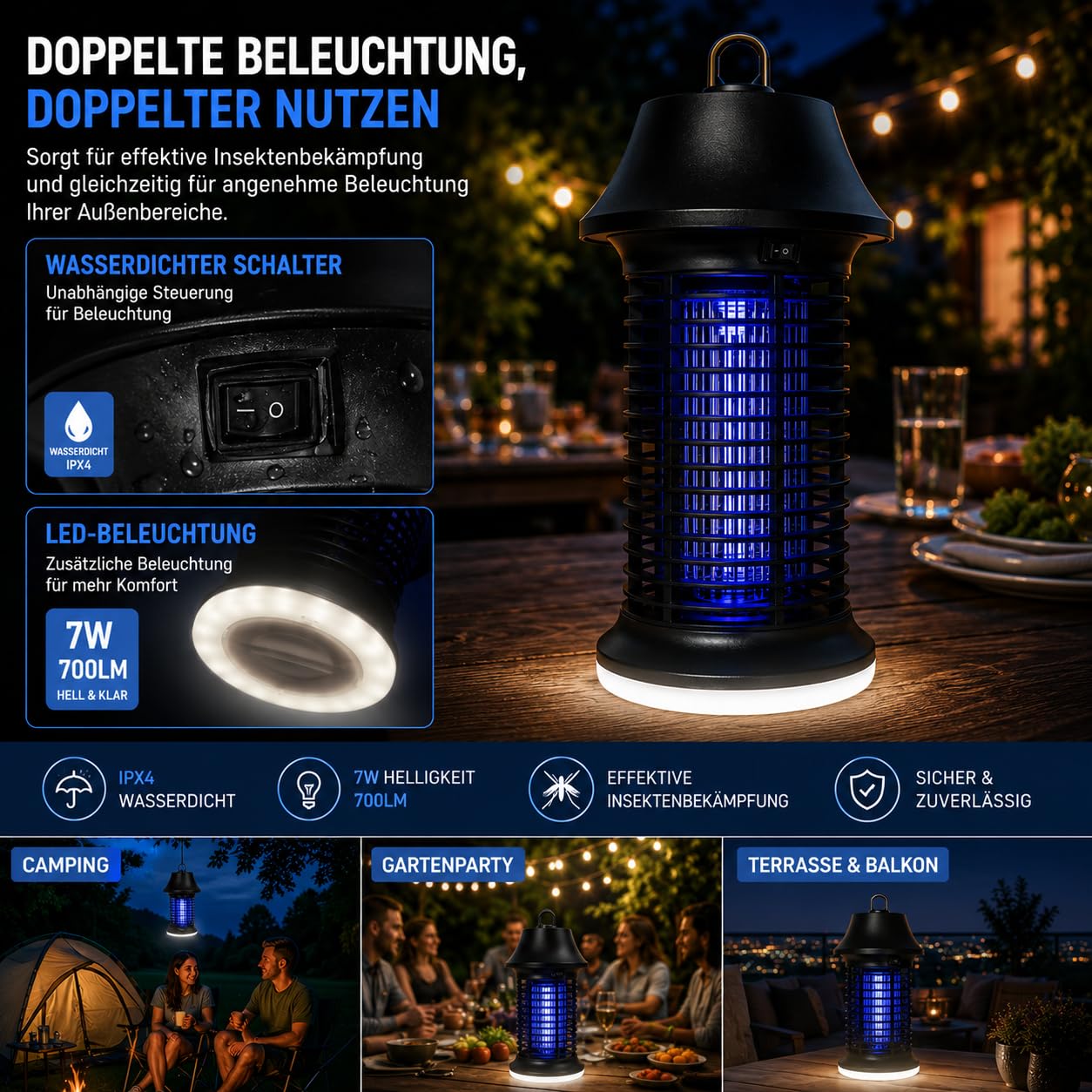 Insecticida eléctrico 2500 V, 15 W, UV, con luz LED, lámpara antimosquitos IPX4, resistente al agua, trampa contra mosquitos, moscas e insectos, para interior y exterior