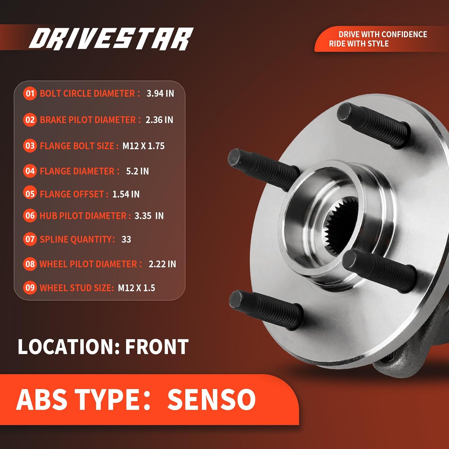 DRIVESTAR 513204 Front Wheel Hub & Bearing Assembly for Chevrolet Cobalt 2005-2010, 03-05 Saturn Ion-1, 03-07 Ion-2/Ion-3, 07-09 Pontiac G5, 05-06 Pursuit，w/ABS 4 Lug