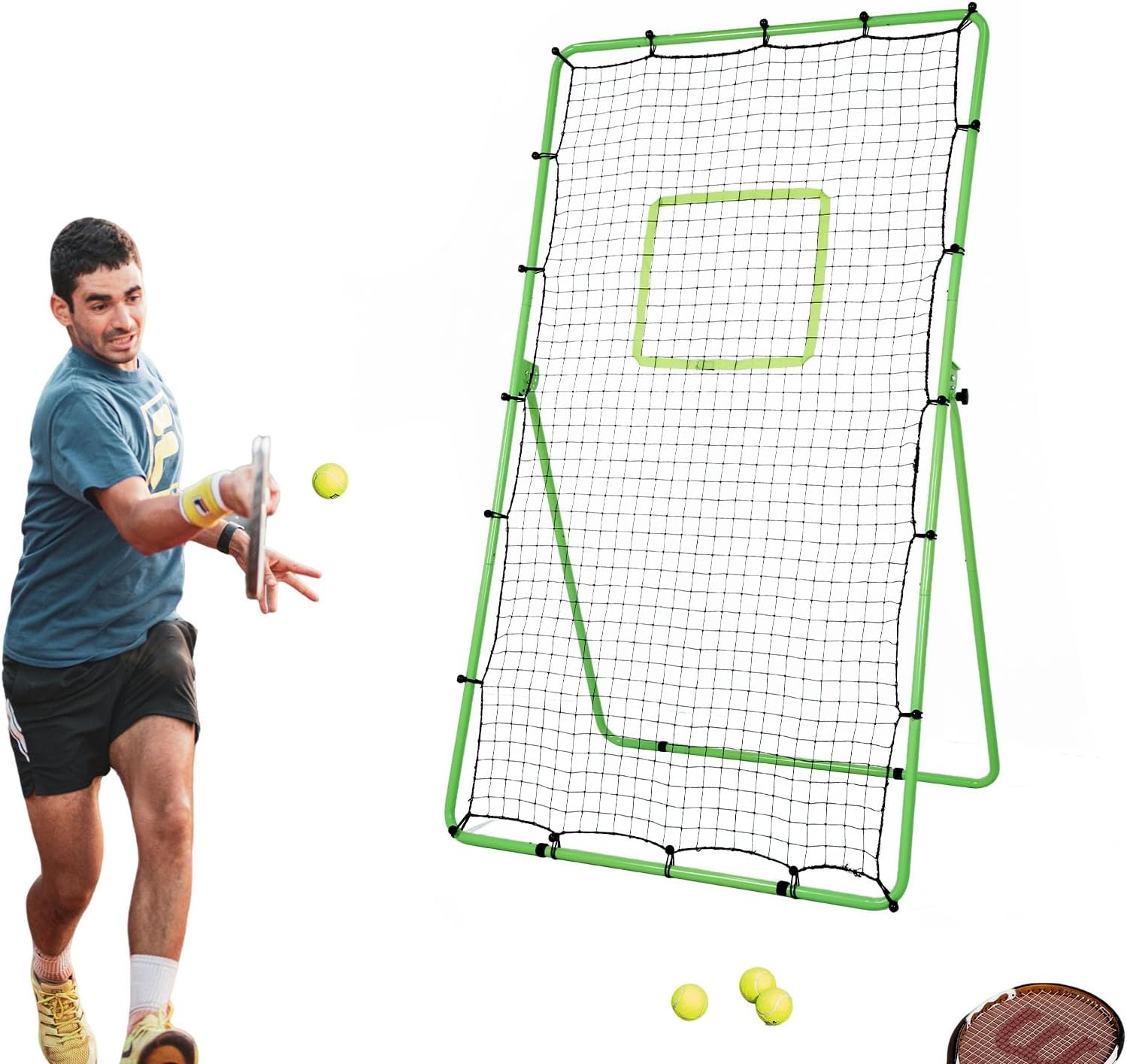 Volleyball Rebounder 4x7ft Training Equipment - Bounce Back Net With 5 Rebound Angles, Neon Target and Bungee Cords for Multi Sports Practice