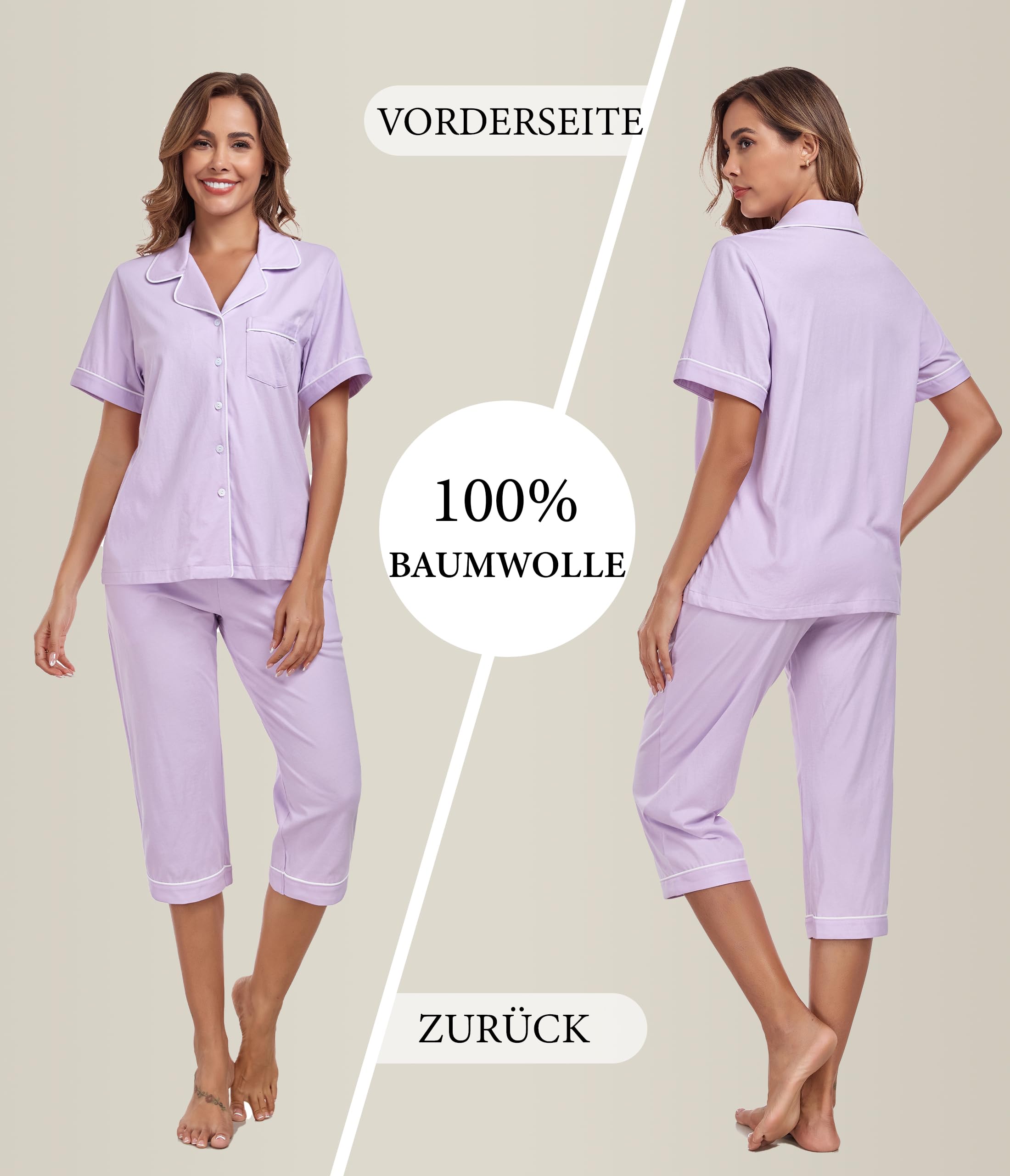 COLORFULLEAF Pigiama estivo da donna, in 100% cotone, 2 pezzi, a maniche corte e pantaloni lunghi a 3/4