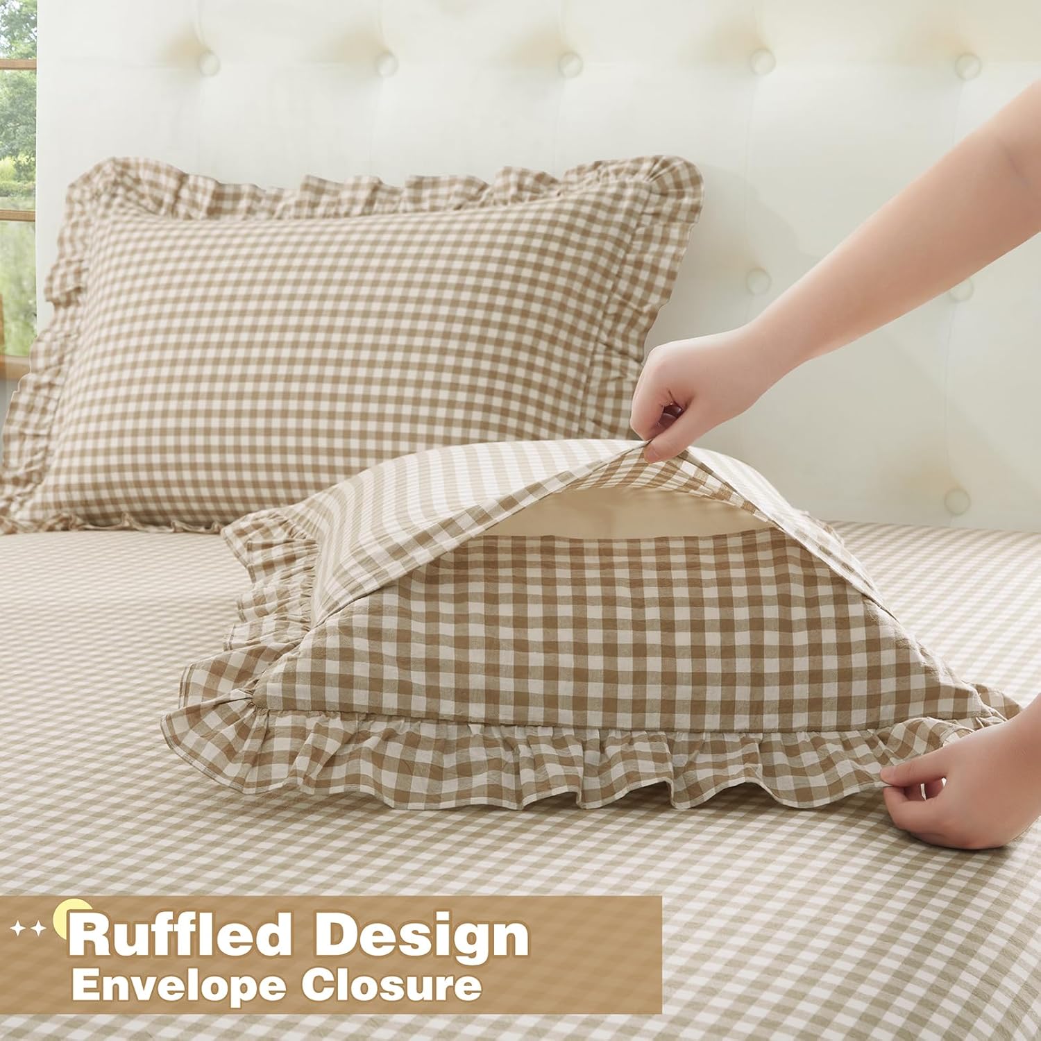 Ruffle Gingham King Sheet Set - 4 Piece Taupe Plaid Cotton Bed Sheets King Size - 16 Inch Deep Pocket Checkered Ruffled Sheets Farmhouse Decor - Linen-Feel & Breathable