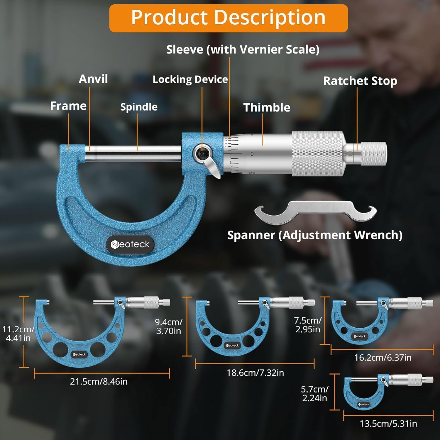 Neoteck Mechaniczny mikrometr zewnętrzny 0-100 mm - 4-częściowy zestaw 0-25/25-50/50-75/75-100 mm dokładność 0,01 mm z grzechotką, ścianki z węglika, etapy 25/50/75 mm - do obróbki i profesjonalnego
