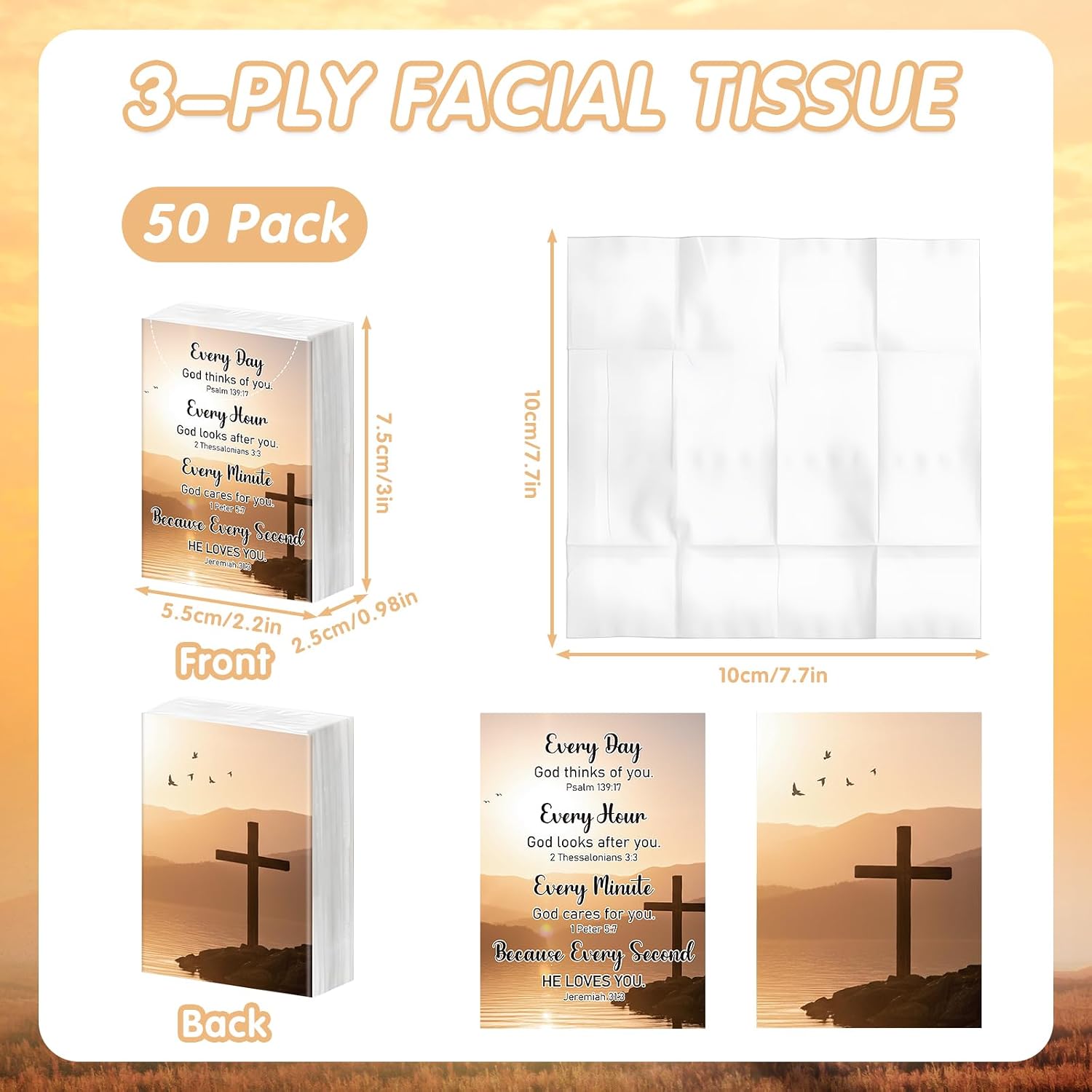 Rakuto 50 Pack Bible Verse Pocket Tissues Travel Packs, 500 Sheet Christian Tissues Travel Size Bulk, 3 Ply Bible Verse Live Scene Mini Travel Size Individual Religious Party Favor