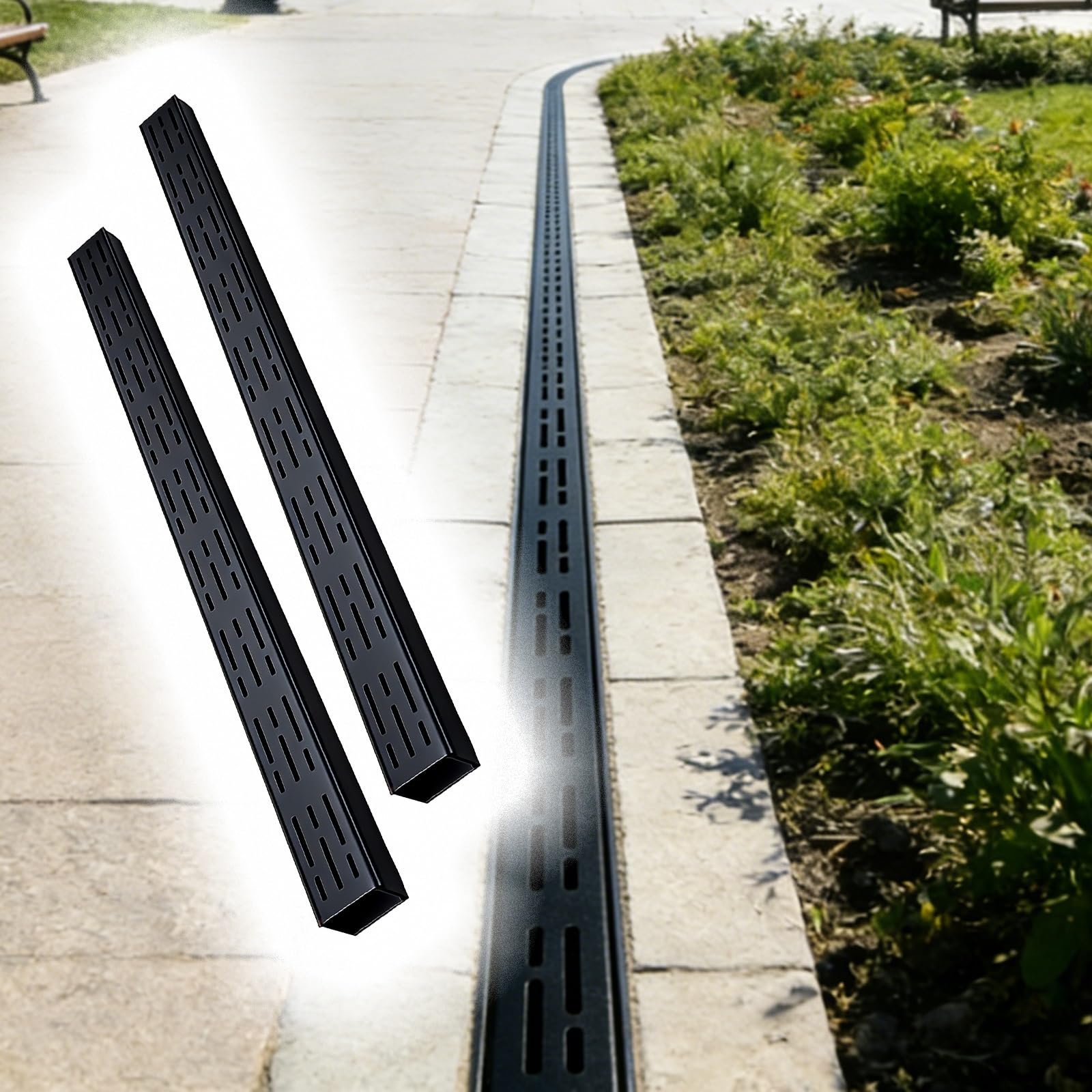 GLDYTVF Drainage Channel 2 Rainwater Trenches Outdoor Gutters for Patios Windows Wells Steel Grate Rainwater Drainage System (Black 100x10x5cm/39.4x3.9x2in)