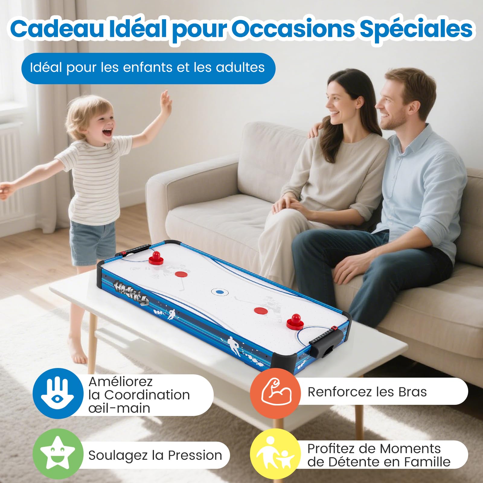 COSTWAY Table de Hockey à Air avec Ventilateur 12V & Pointage Manuel Coulissant, Table de Jeu Compact avec 2 Palets & 2 Poussoirs, Air Hockey pour Adultes Enfants pour Salle de Jeux Bureau