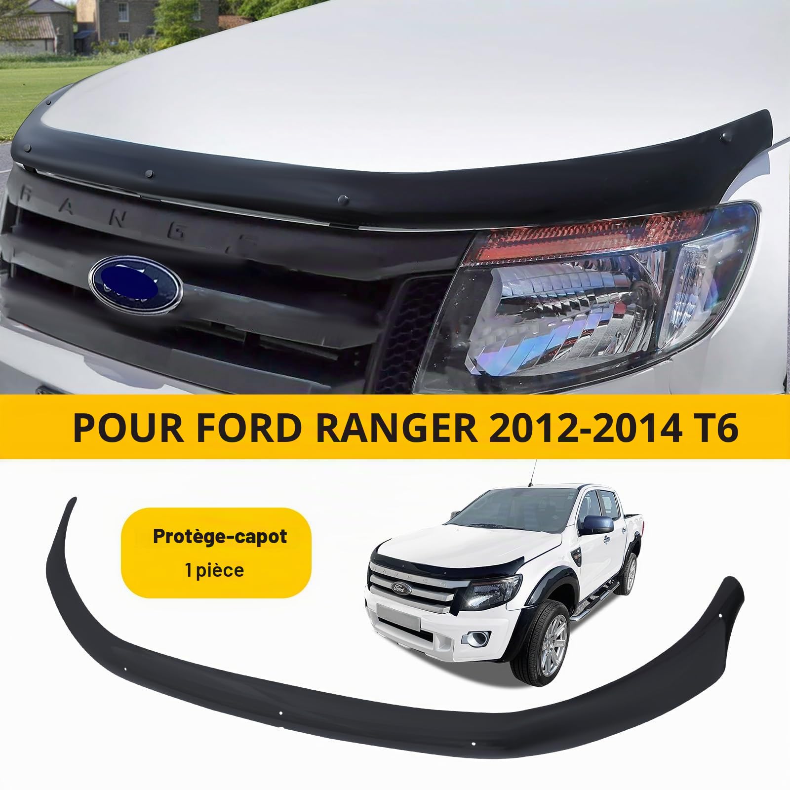 Déflecteur contre les insectes et les projections de pierres pour capot pour Ford Ranger T6 2012–2016 Wildtrak Raptor XL XLT Limited Stormtrak Wolftrak Thunder, PMMA acrylique, résistant aux UV