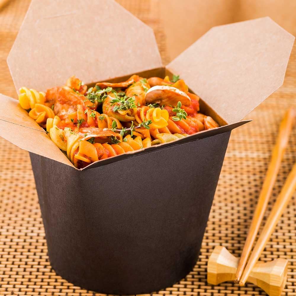 Restaurantware Bio Tek 4 x 3.4 x 3.7 Inch Food Containers 50 Durable Noodle Boxes - Disposable Sustainable Black Paper 26-Ounce Takeout Boxes Round For Takeouts And Delivery Or Picnics