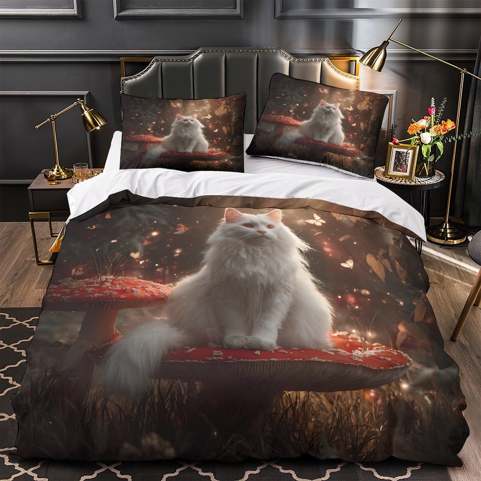 Housse de couette chat forêt magique parure de lit 135x200 pour des nuits douces et féeriques