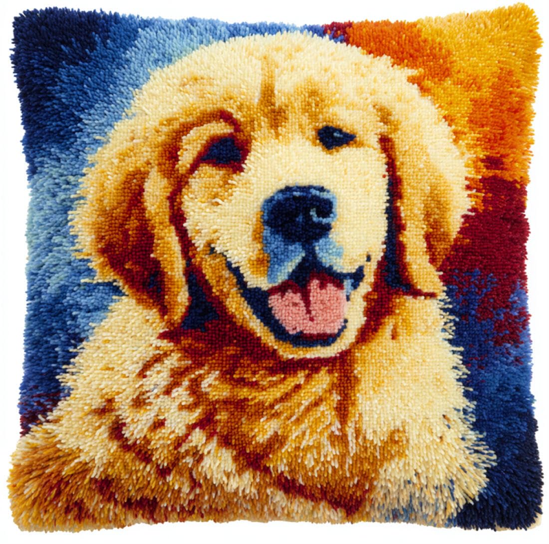 Kitquiver Animal Latch Hook Cushion Set Golden Retriever Portrait DIY Latch Hook Kits Pattern Printed Throw Pillow Case Cushion Cover for Adults and Beginners 17x17In