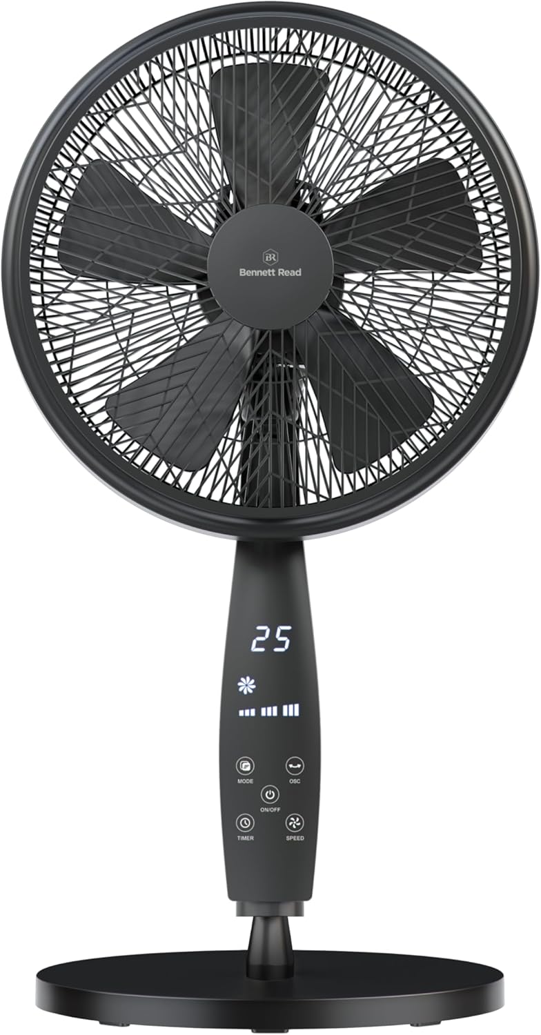 Close-up of the digital control panel on the Bennett Read Pedestal Fan, showing buttons for Mode, On/Off, Oscillation, Timer, and Speed, along with a digital display.