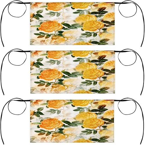 Yellow Roses - Paquete de 3 delantales de servidor con 3 bolsillos, impermeables, delantales de media cintura para mujer, para cocinar, lavar