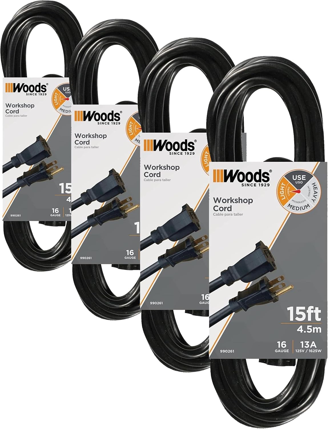 Woods Extension Cord | 15 Foot | Black | Pack of 4