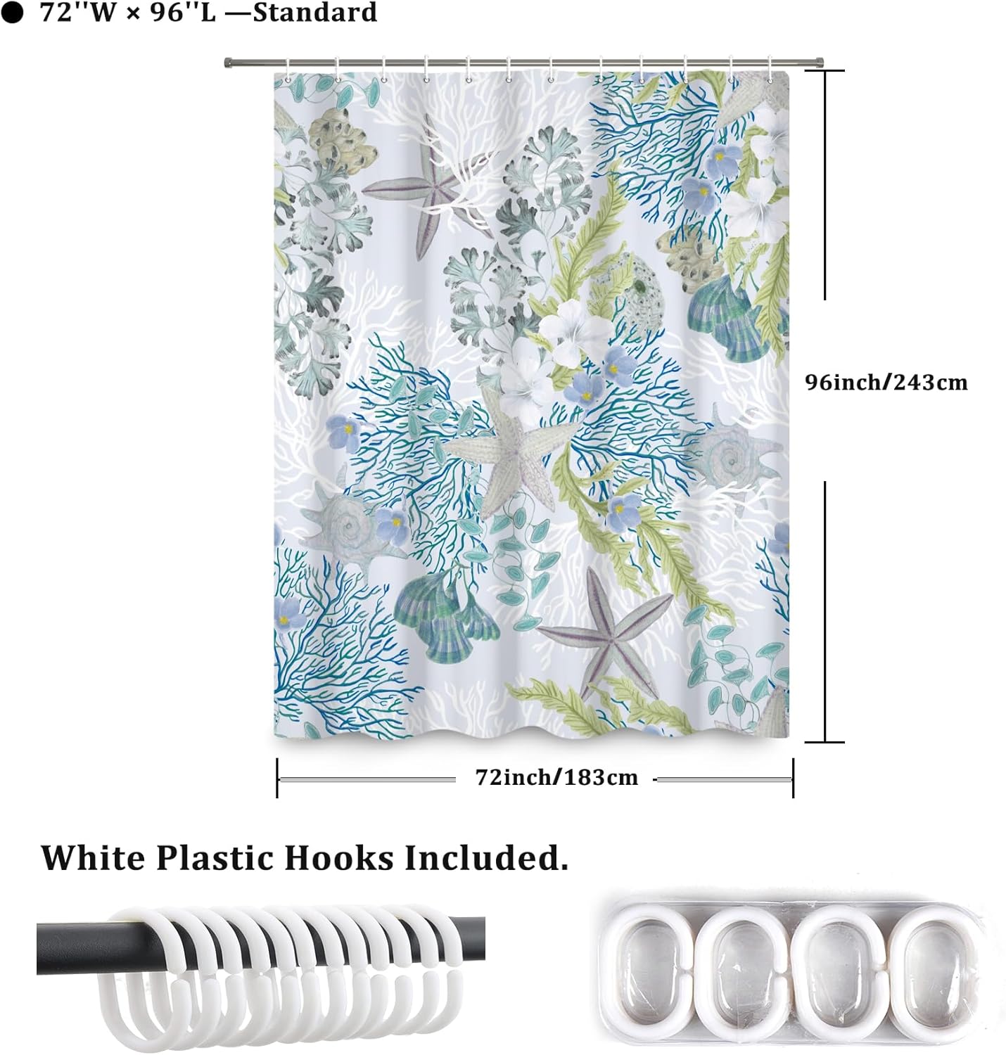 Ocean Plant Shower Curtain Starfish Coral Tree Pattern Bathroom Curtain Tropical Undersea Theme Waterproof Fabric Decor Shower Curtain with Hooks 72x96 Inch