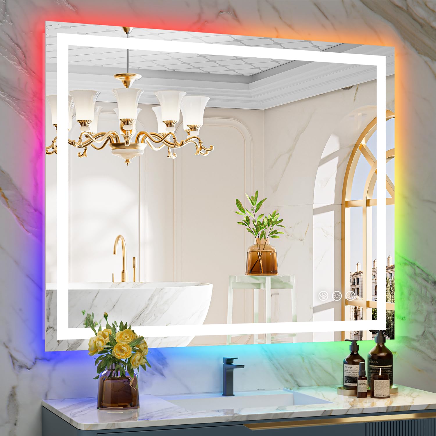 44x36 inch rgb led bathroom mirror front lit and rgb backlit lighted vanity mirror for bathroom wall dimmable anti fog memory shatter-proof ip54 waterproof horizontal/vertical