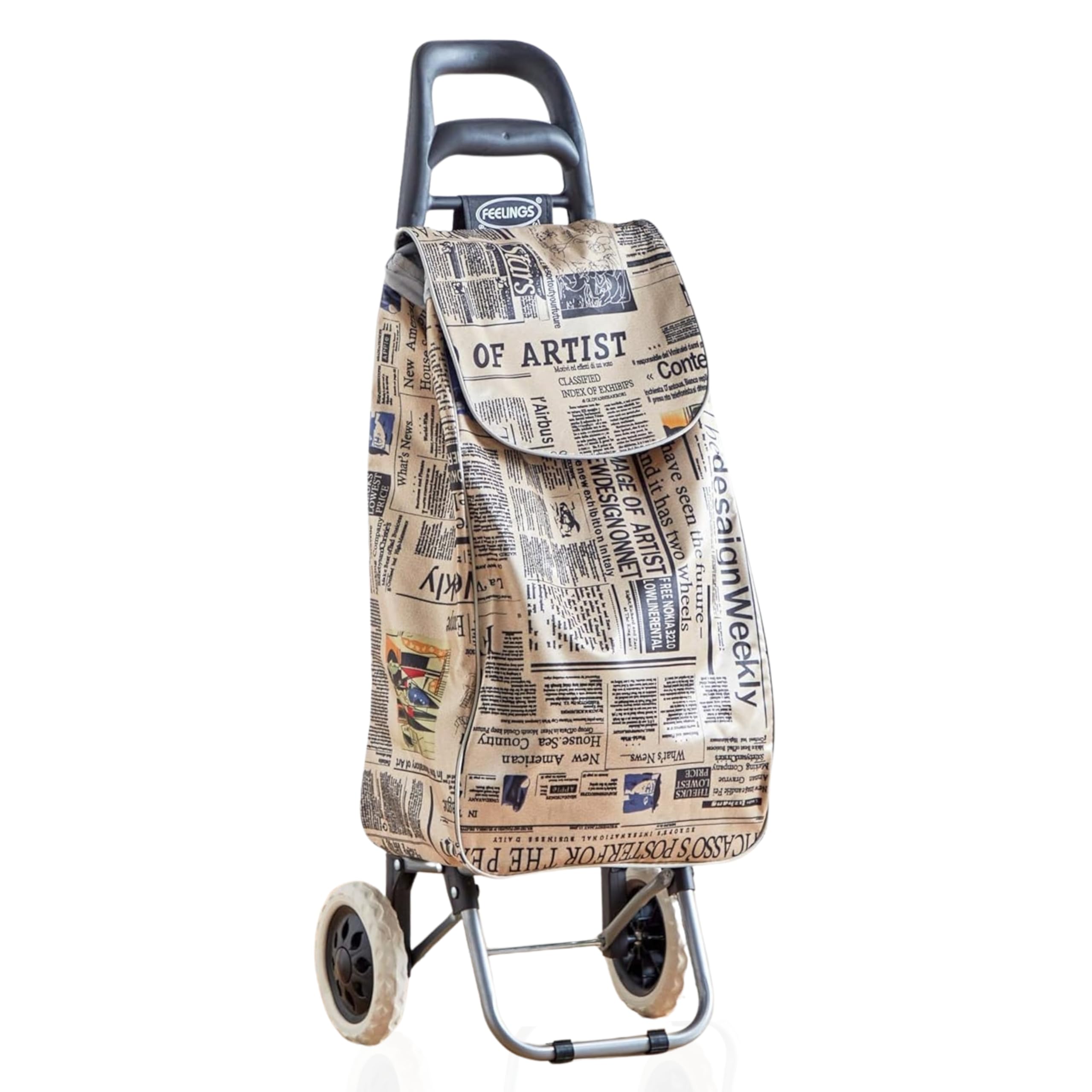 Feelings Shopping Trolley Cart With Wheels Newspaper Print Fabric
