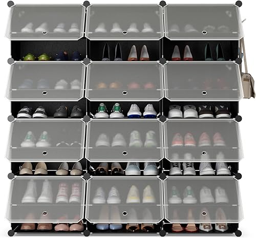 Safstar - 48 pares de zapateros de 12 cubos armarios de almacenamiento de zapatos independientes con gancho lateral para colgar cubo expandible para