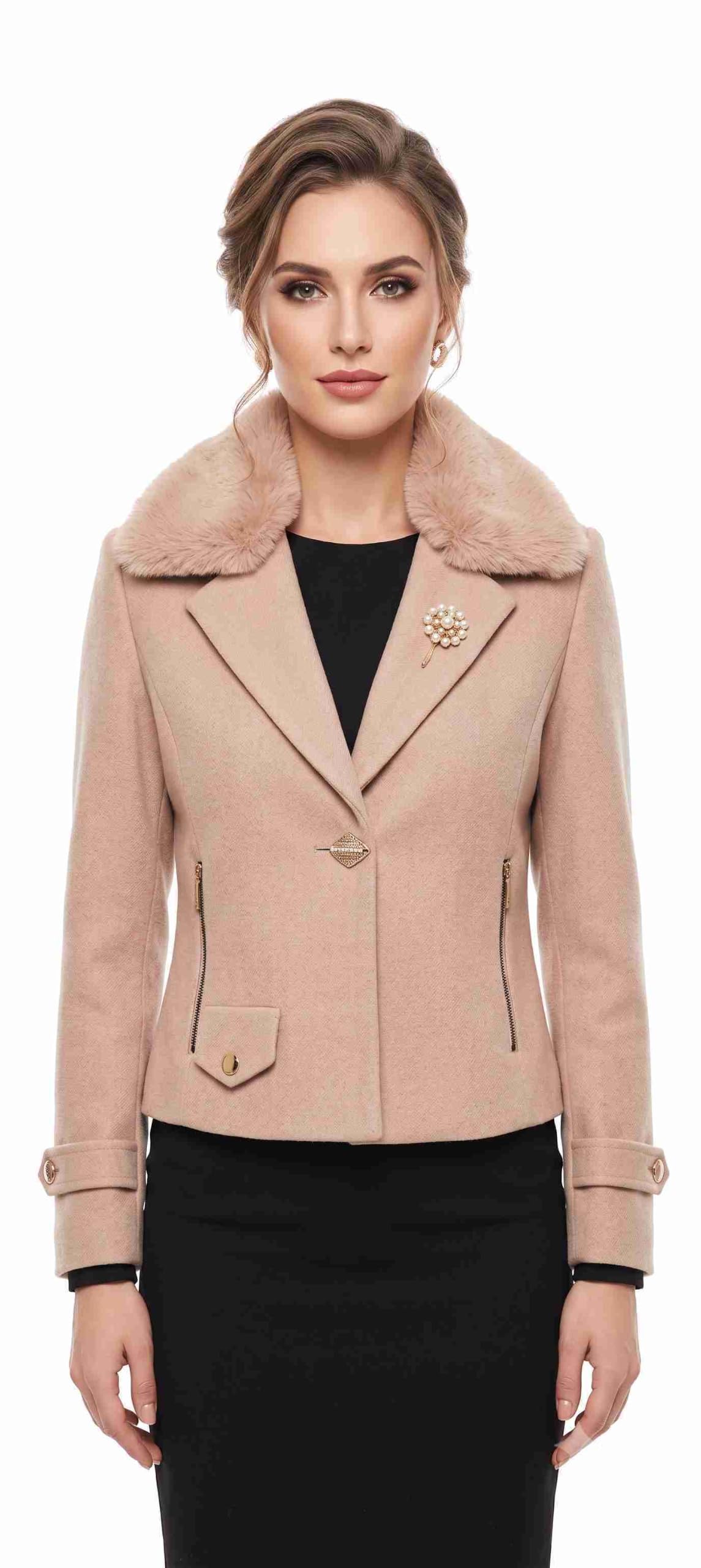 luvy duvy Women's Cropped Blazer with Faux Fur Collar - Tailored Single Button Short Jacket for Office, Business Casual & Formal Wear Beige-picture-30